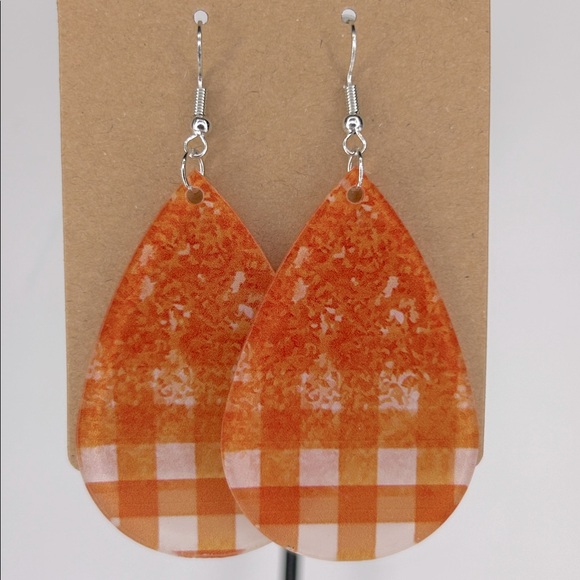 Acrylic Orange Plaid Fall Design Earrings - Picture 1 of 2